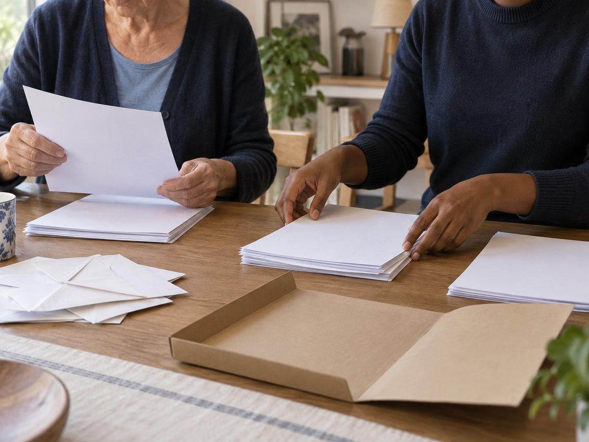 Des documents triés en piles sur une table de salle à manger