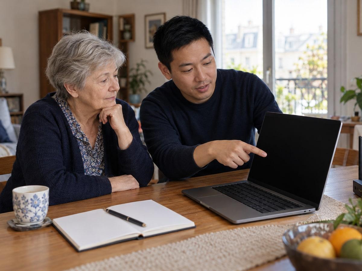 Deux personnes devant un ordinateur portable sur une table