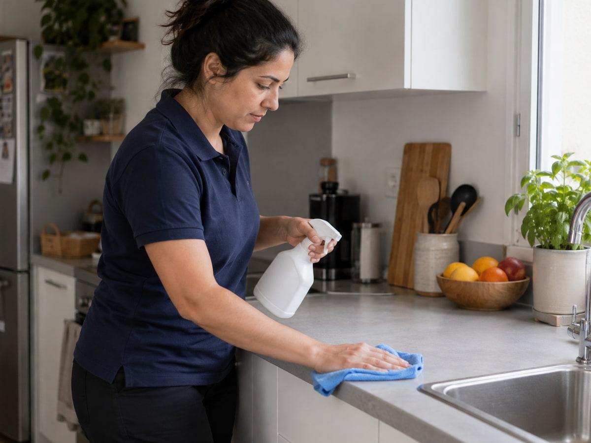 Une personne nettoie le plan de travail d'une cuisine claire