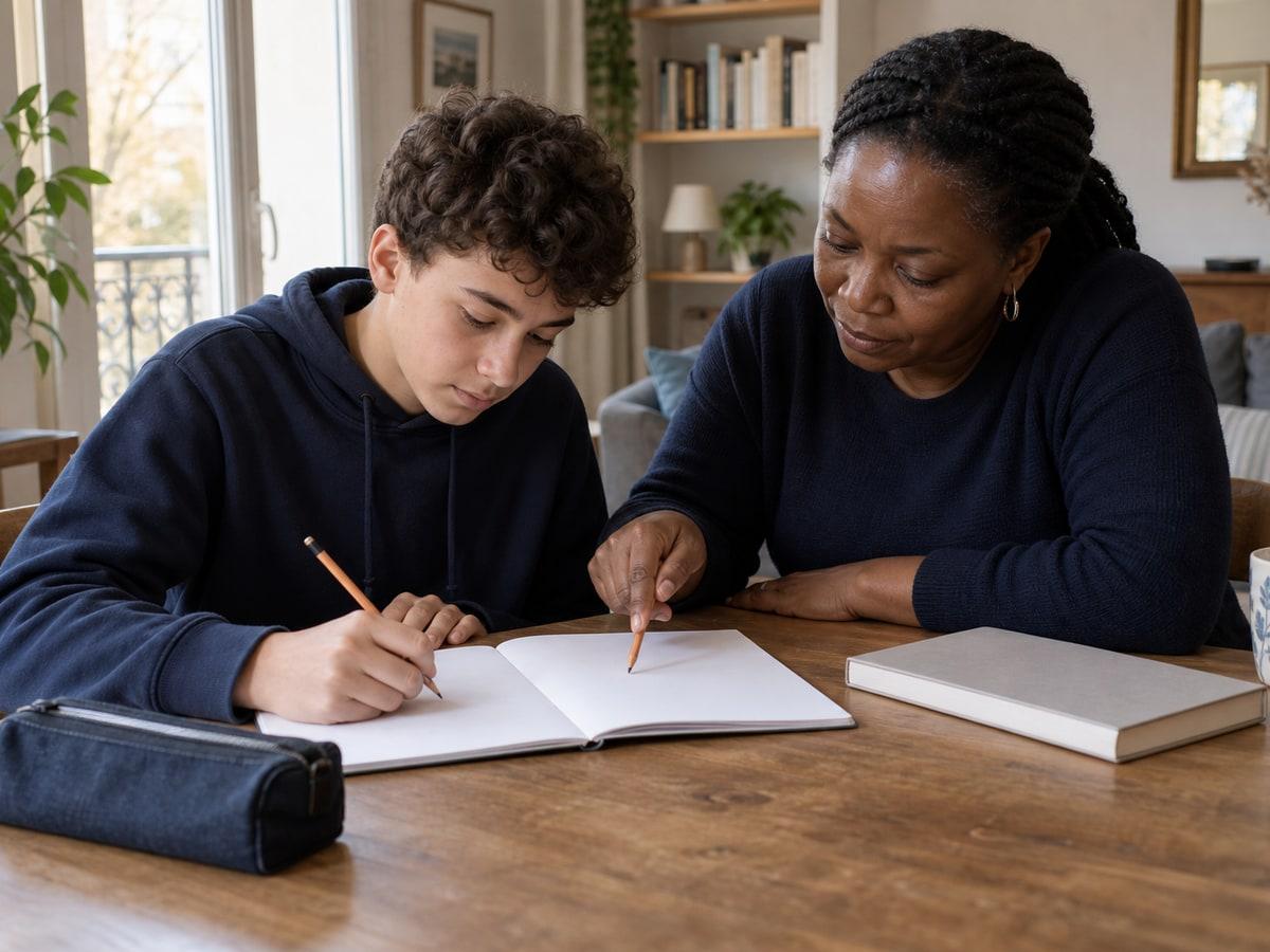 Un adolescent travaille à la table du salon avec un adulte
