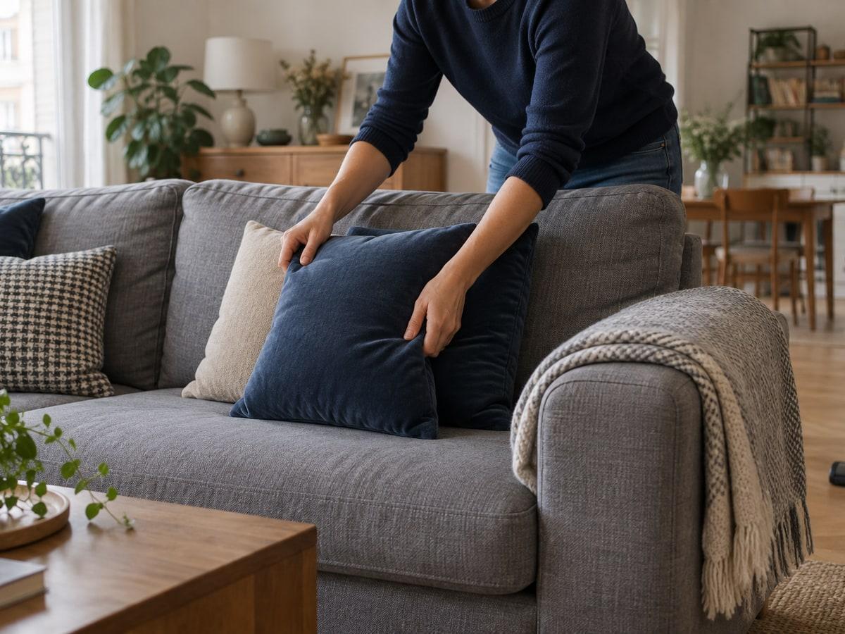 Un salon clair remis en ordre, coussins et plaid arrangés